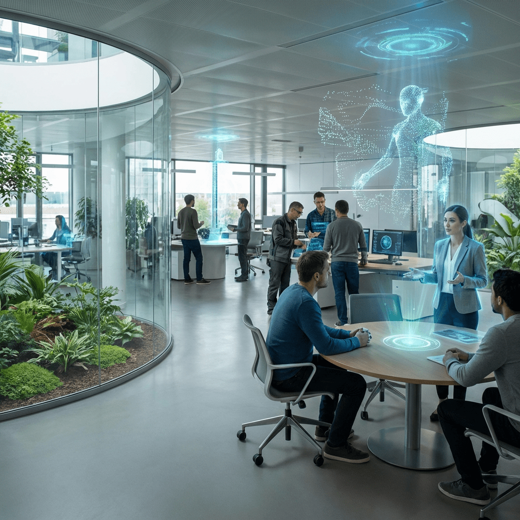 Professionals interacting with futuristic holographic displays in a modern, plant-filled office environment.