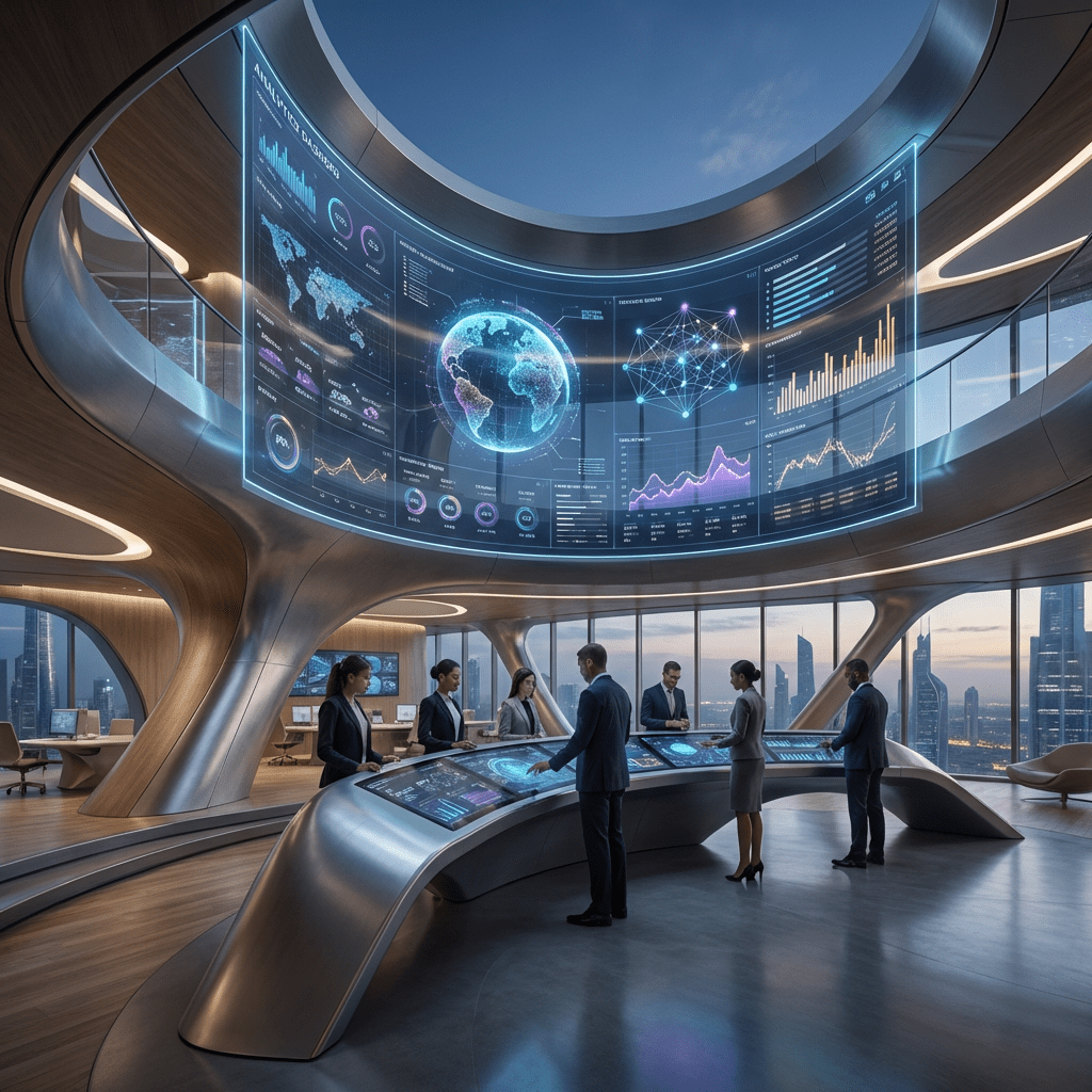 Professionals working at a futuristic console below a large holographic globe and data display.